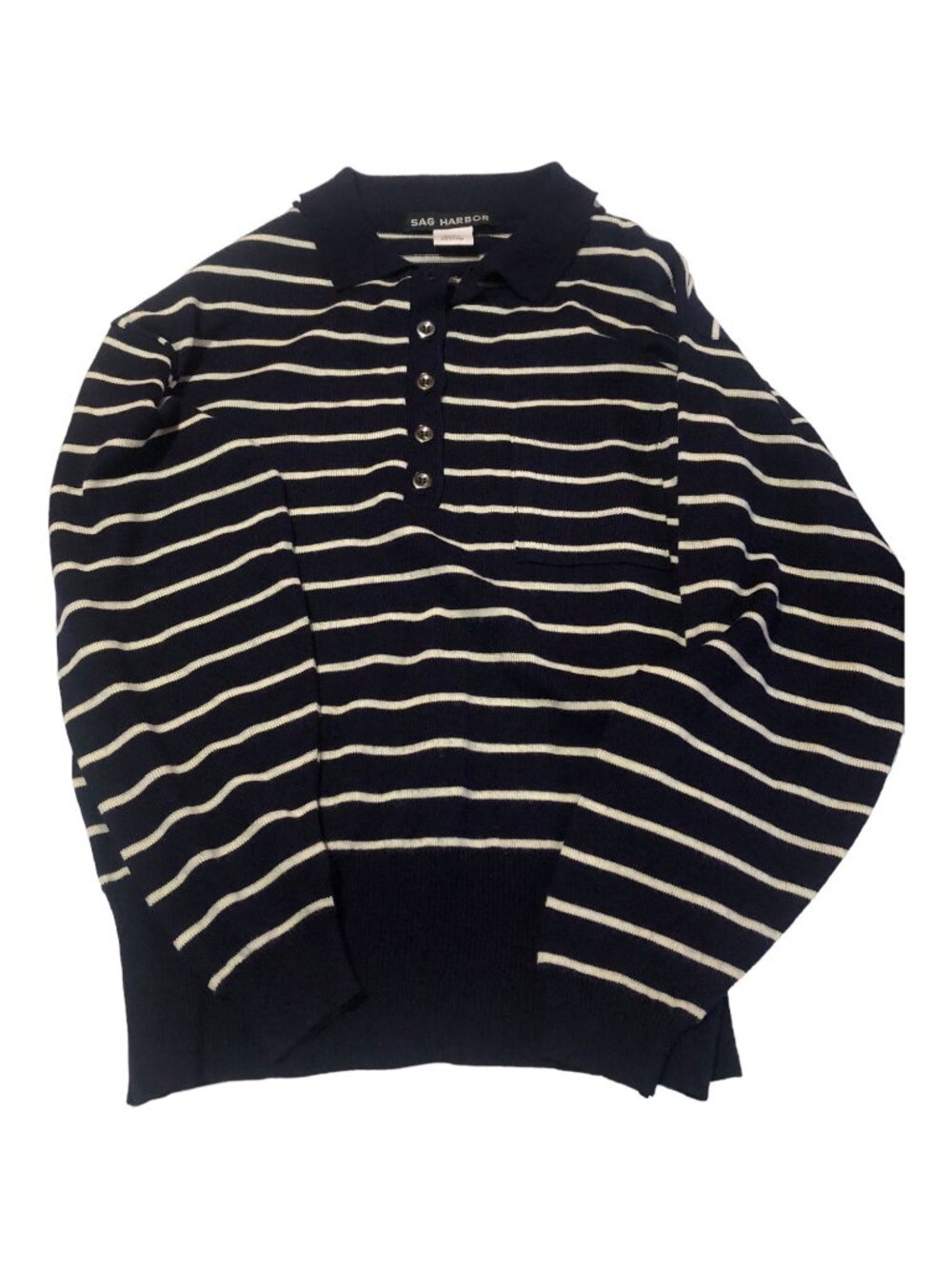 Nautical White Blue Stripe Button Collar Rugby Preppy Sweater Sz S